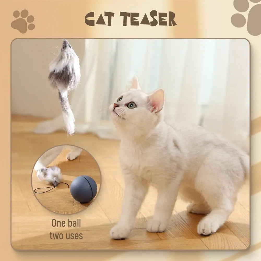 Automatic self-rolling cat ball toy in blue-orange and grey colours on indoor floor