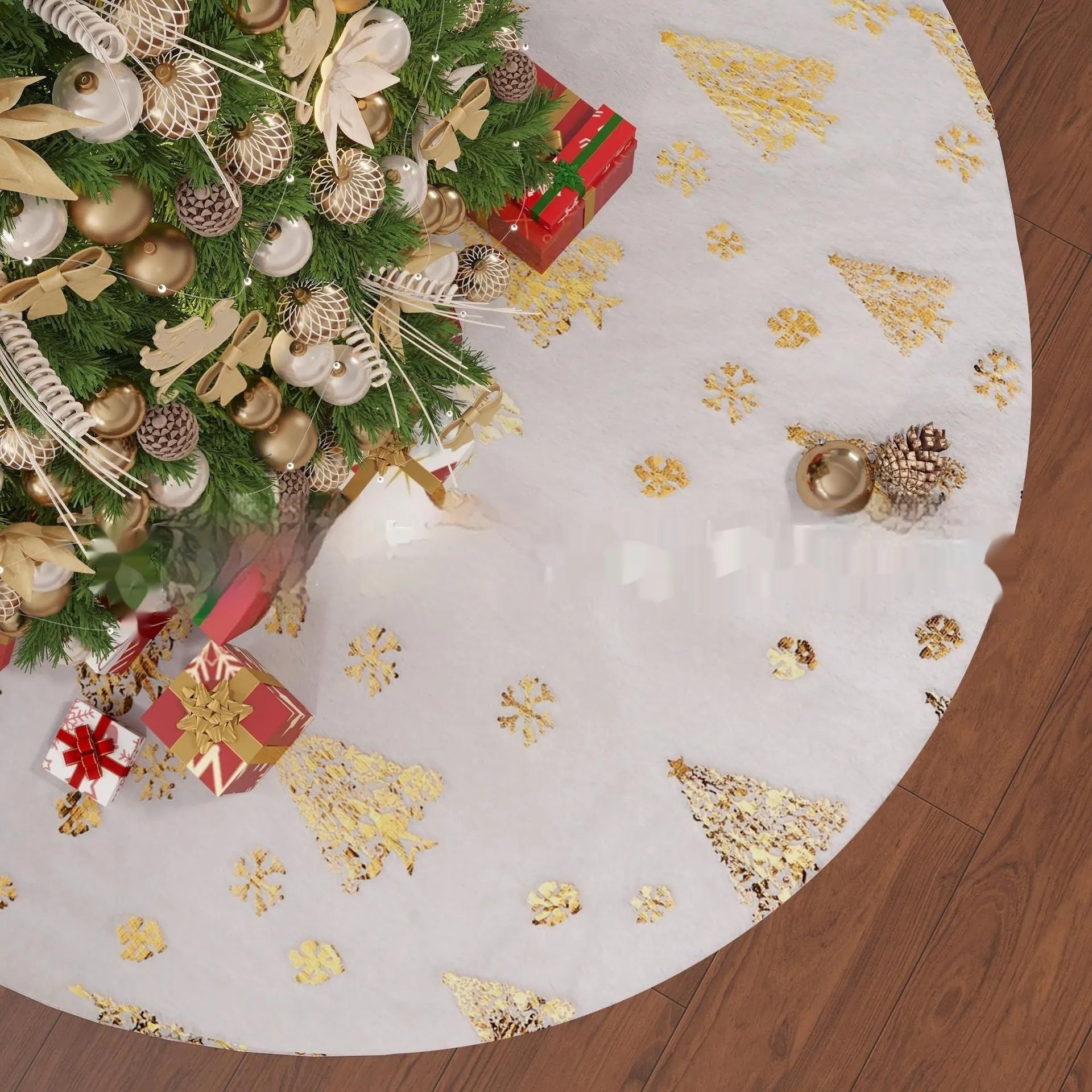 XINGX plush Christmas tree group mat with gilding snowflake designs in Christmas tree, cedar, and star styles.