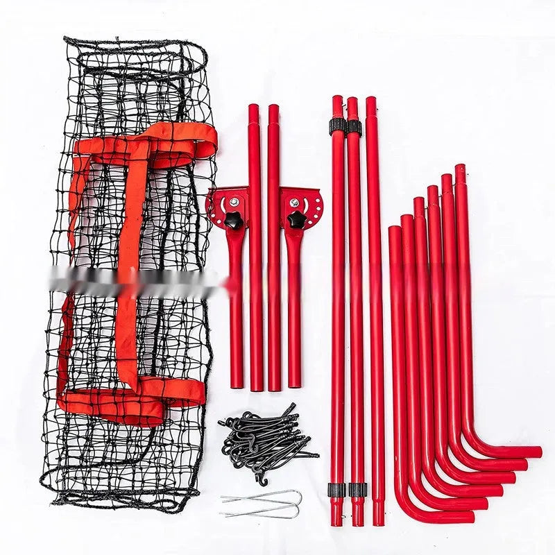 Red adjustable portable baseball training net with metal frame measuring 4x6 feet for ball sports practice
