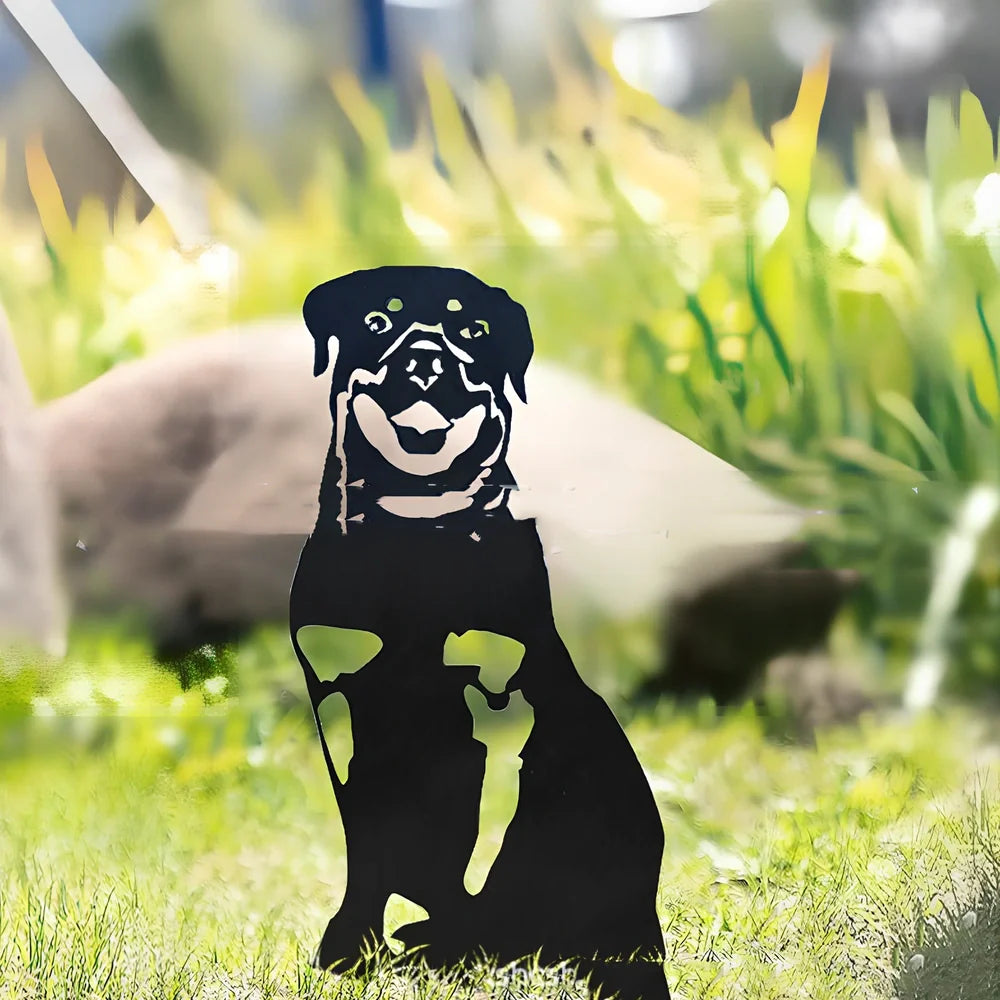 Metal dog silhouette garden decoration showing breed outline on iron background for outdoor display