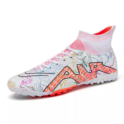 High-top Soccer Spike Special Shoes in black gold, white orange, and orange colors