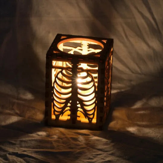 Wooden Halloween shadow lamp with head bone and rib design, American style, 18cm x 13cm x 13cm, picture colour.
