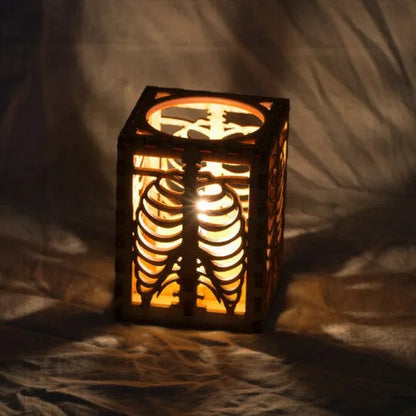 Wooden Halloween shadow lamp with head bone and rib design, American style, 18cm x 13cm x 13cm, picture colour.