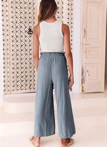 Elastic waistband lace-up wide leg cropped pants in solid colors, showcasing versatile style and comfort