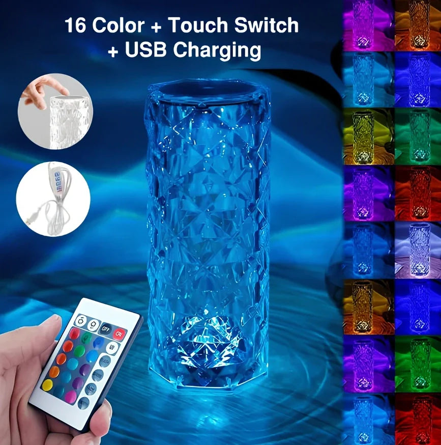 Crystal diamond-style acrylic table lamp with RGB colour touch controls and USB charging cable