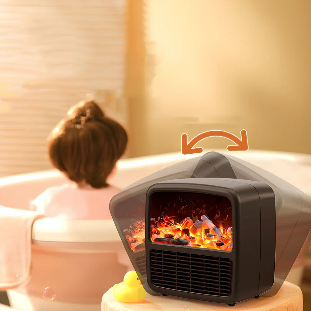 Black desktop electric space heater with ceramic heating element and mechanical controls measuring 22cm square