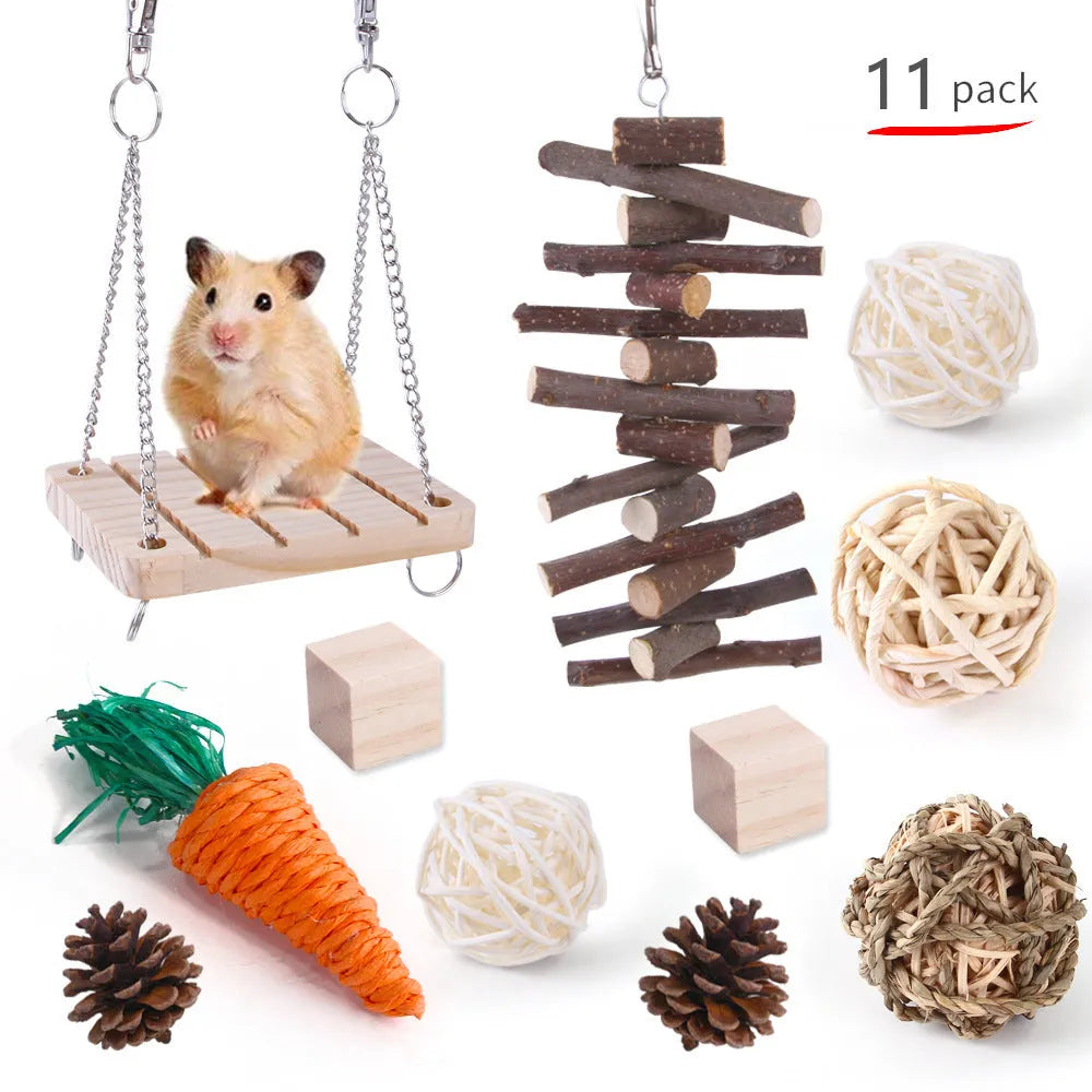 Assortment of wooden and natural fibre chew toys for small pets including balls, rings and woven shapes.
