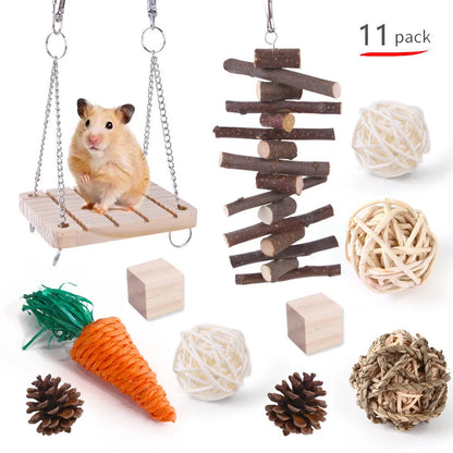 Assortment of wooden and natural fibre chew toys for small pets including balls, rings and woven shapes.
