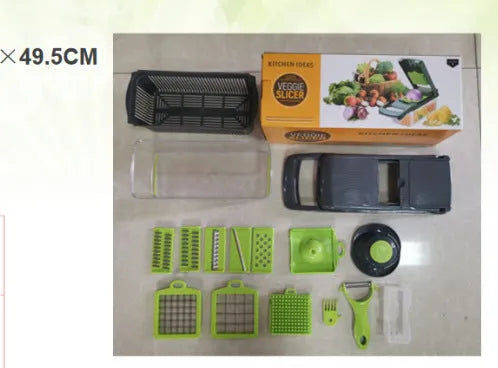 Grey vegetable cutter set with eight stainless steel blades and attachments including garlic press