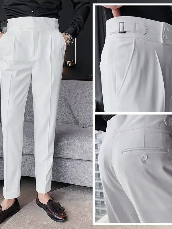 Retro high waist straight-leg casual trousers in a neutral colour, shown on a model.
