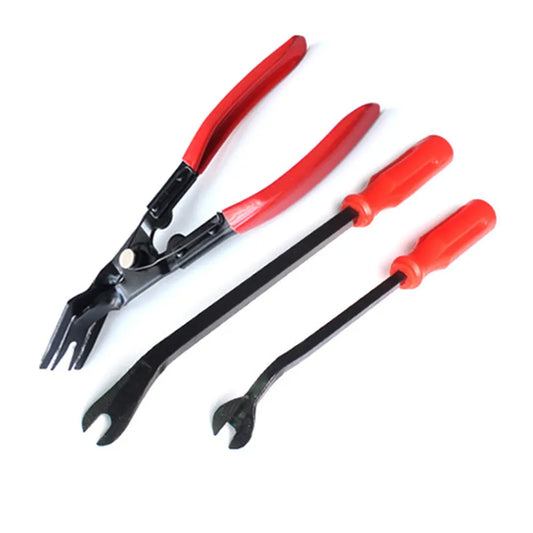 Red-handled steel pliers for nailing General Motors automotive door panels, weighing 203g