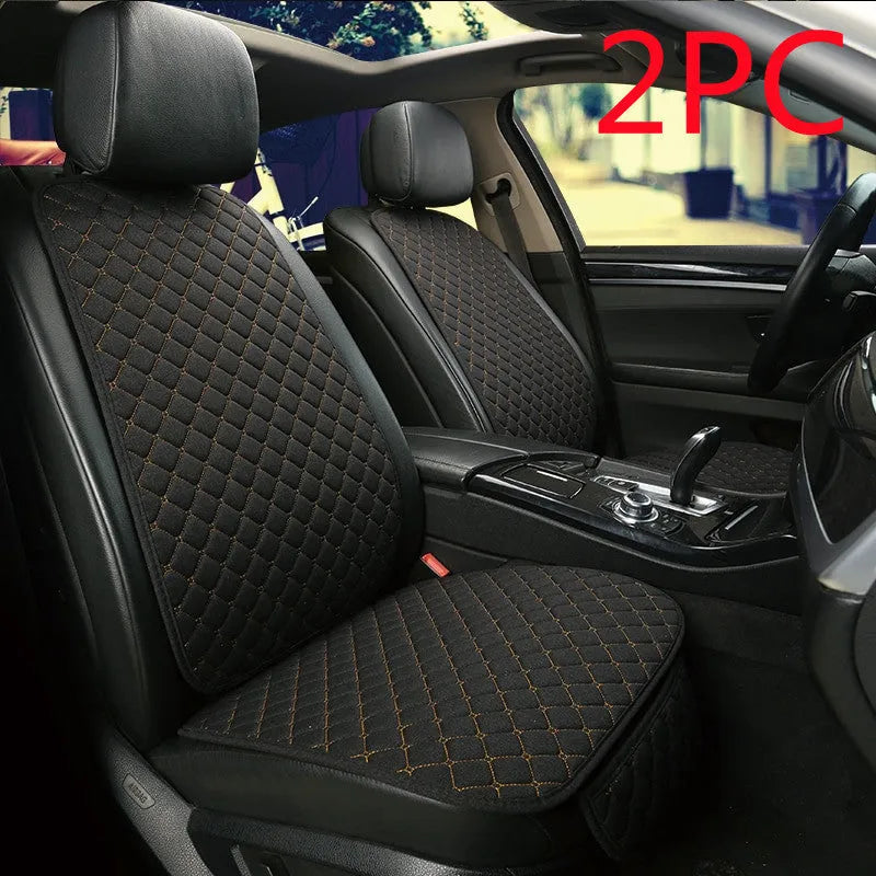 Flax linen car seat cover protector in beige, black, red and brown, with cushion and five-seat style options.