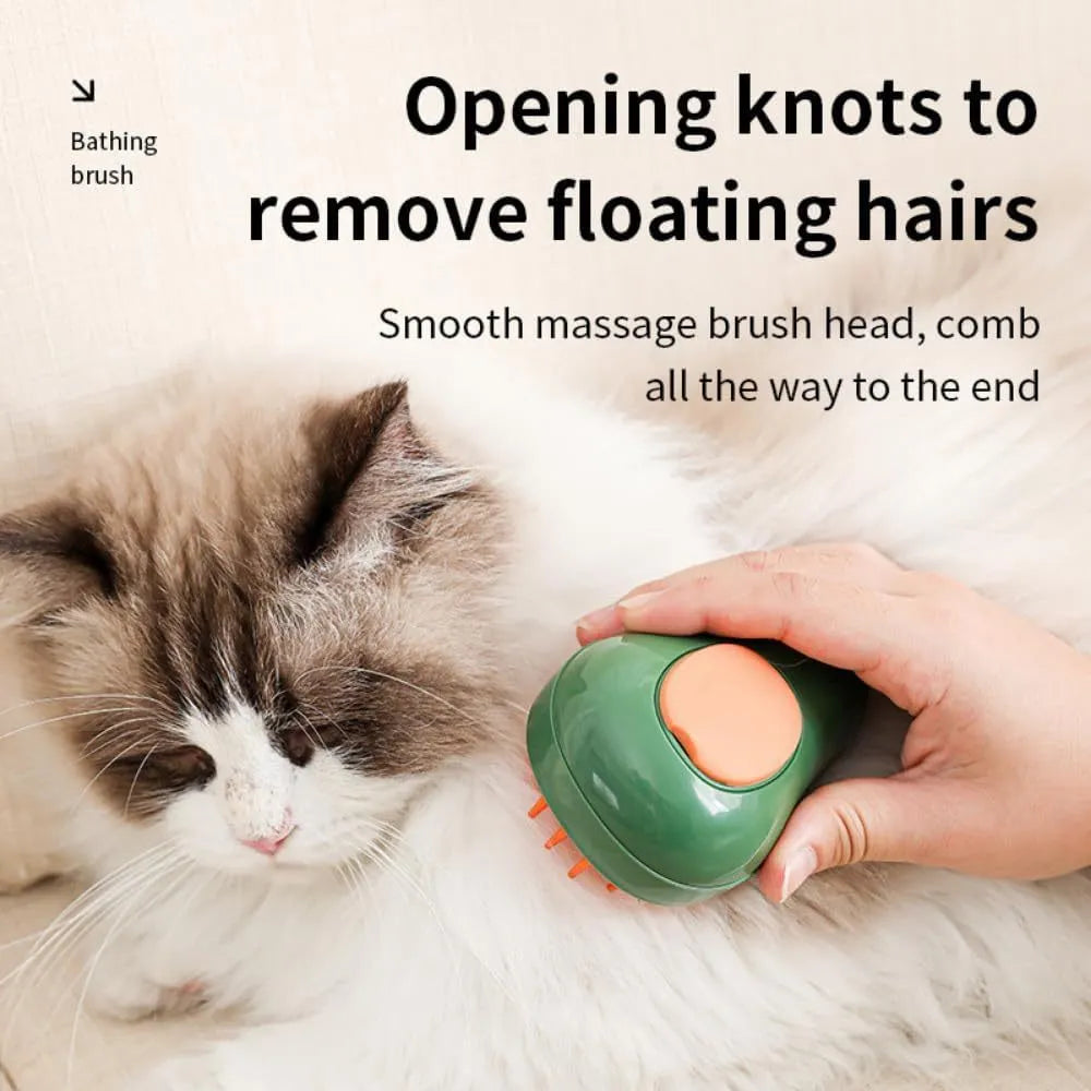 Green or white Cat Steam Brush 3-in-1 with water spray, silicone teeth, measuring 11x7.5x5.5cm