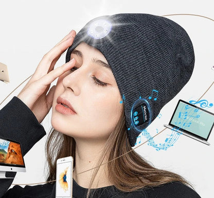 Warm Bluetooth Beanie with wireless music, hands-free calls, and outdoor lighting for active lifestyles