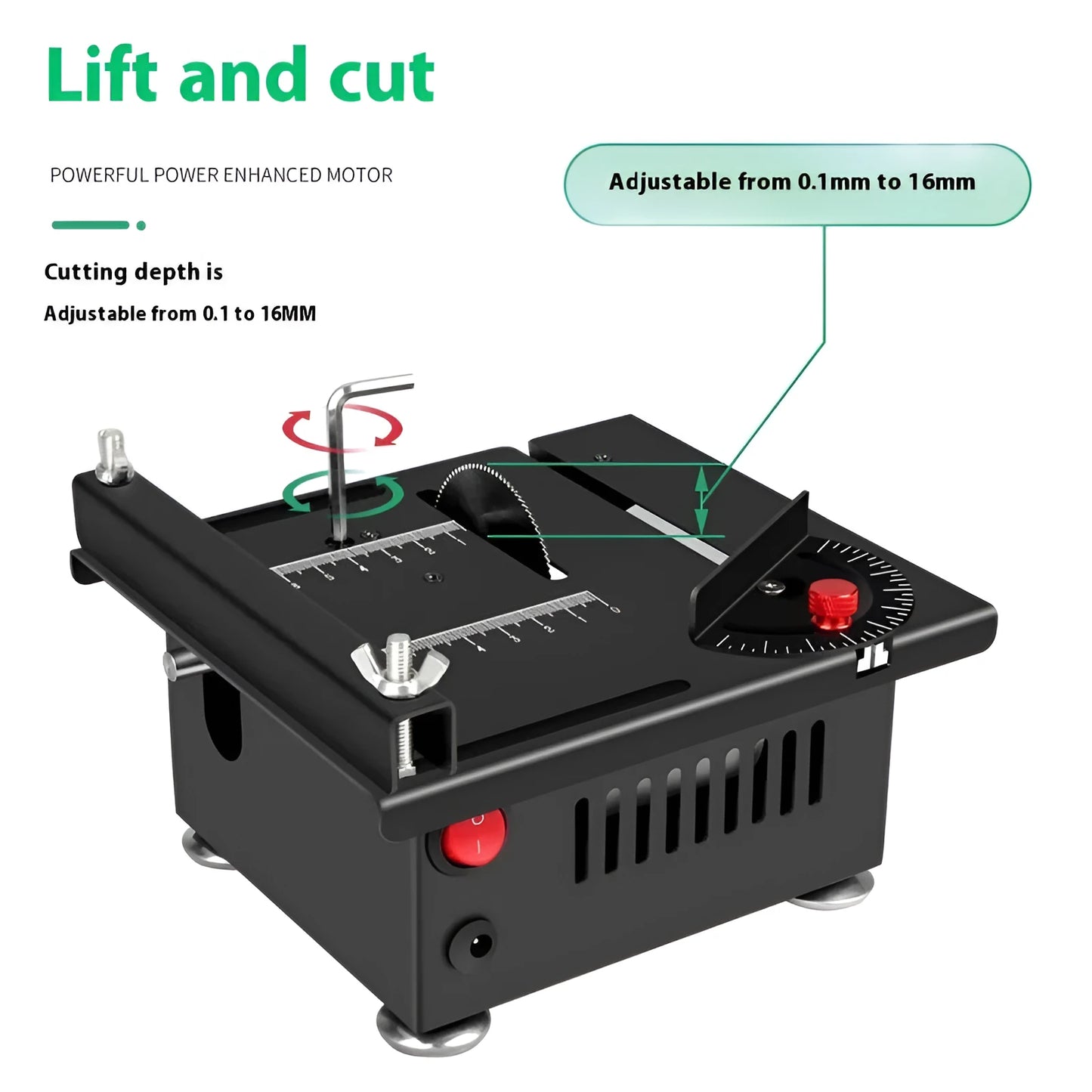 Lithium-ion battery-powered handheld desktop saw with metal body on a workbench.