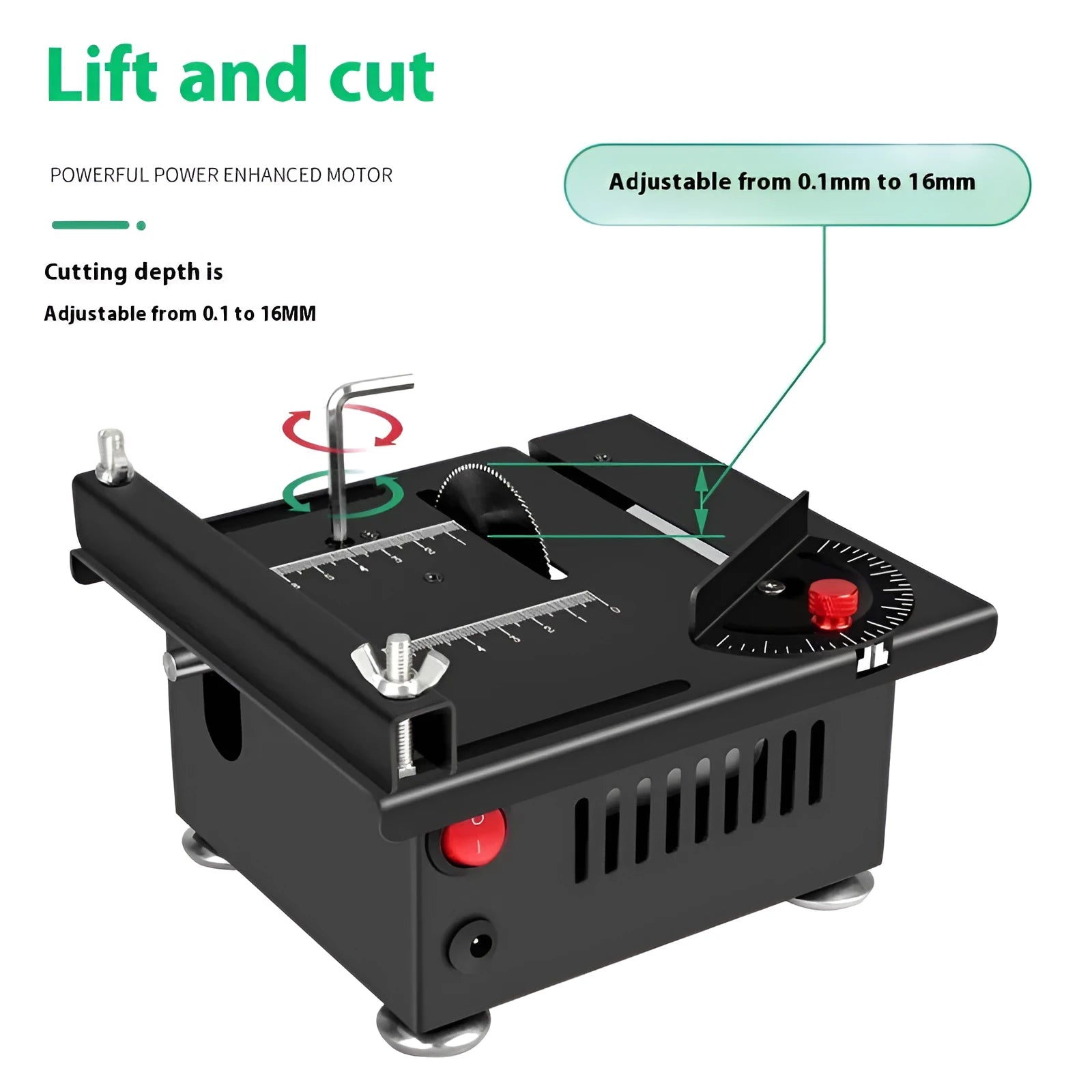 Lithium-ion battery-powered handheld desktop saw with metal body on a workbench.