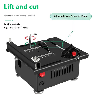 Lithium-ion battery-powered handheld desktop saw with metal body on a workbench.