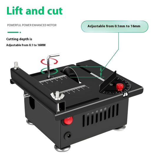 Lithium-ion battery-powered handheld desktop saw with metal body on a workbench.