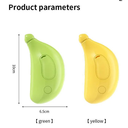 Green Cat Steam Brush with silicone paw-shaped teeth, shown grooming a cat's fur.