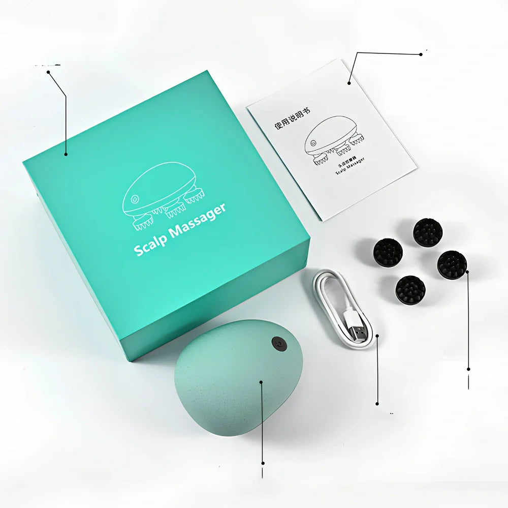 Automatic scalp massager with 8 blue silicone heads arranged in circular pattern on white background