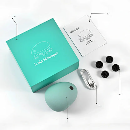 Automatic scalp massager with 8 blue silicone heads arranged in circular pattern on white background