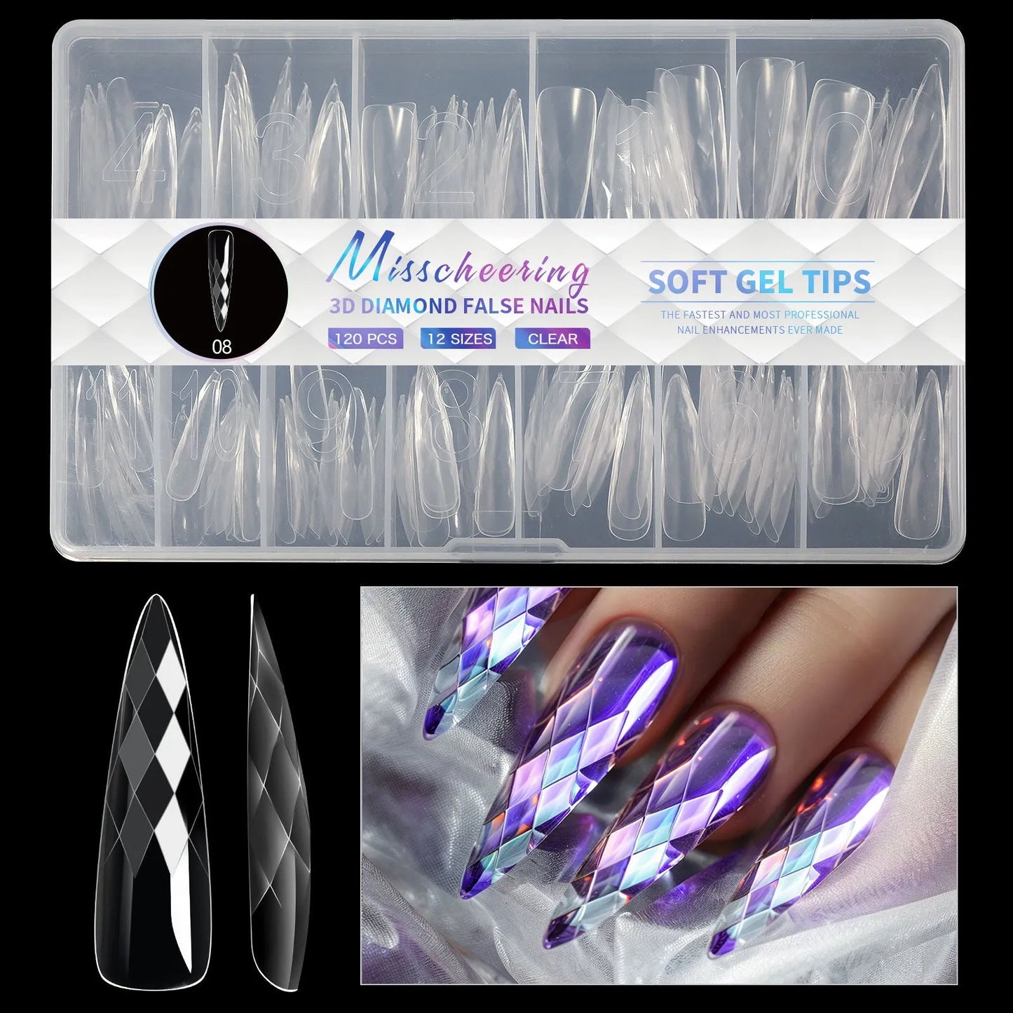 Box of 3D diamond-shaped long false nail tips in a chosen colour from the Diamond Nail range.