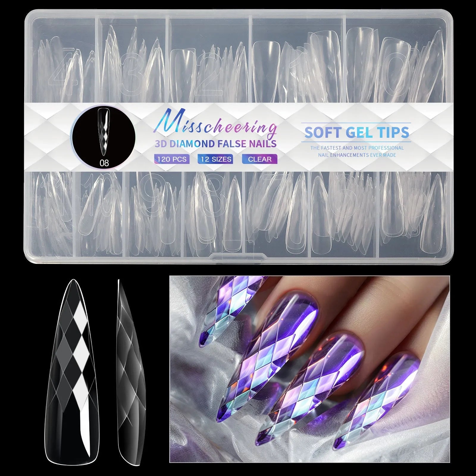 Box of 3D diamond-shaped long false nail tips in a chosen colour from the Diamond Nail range.