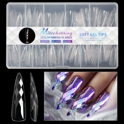 Box of 3D diamond-shaped long false nail tips in a chosen colour from the Diamond Nail range.