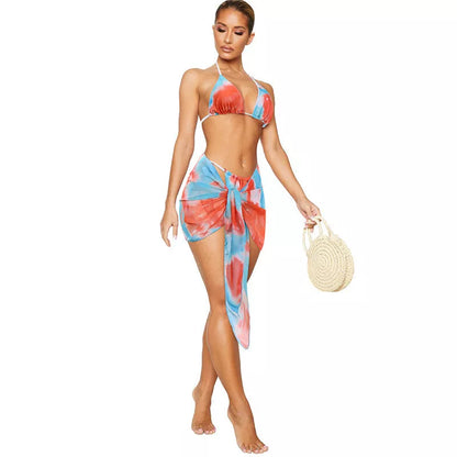 Women's three-piece split swimsuit in cotton blend, available in orange, pink, and purple