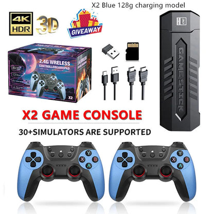 X2 Blue plastic game console with HDMI, two wireless handles and TF cards, 16x10x12cm