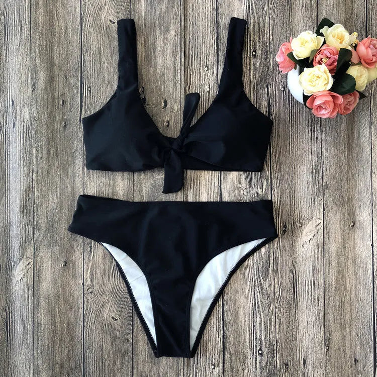 European and American style bikini set in pure colours, featuring a tight-fitting polyester construction for shape retention and support across sizes S to XL, available in classic shades including black, white, and wine red.