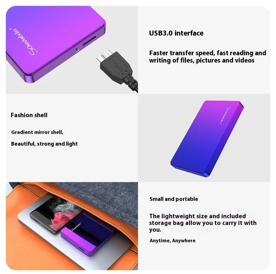 Purple 1TB external mobile hard drive, plastic shell, 12cm x 7.5cm x 1cm, with data cable and packing box