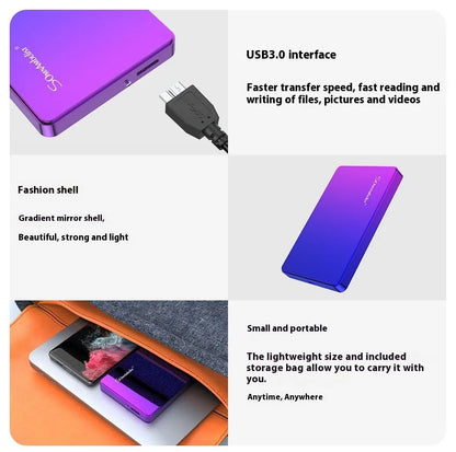 Purple 1TB external mobile hard drive, plastic shell, 12cm x 7.5cm x 1cm, with data cable and packing box