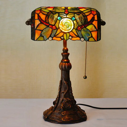 10-inch Tiffany table lamp with stained glass lampshade and resin base, 36cm height, on a study desk