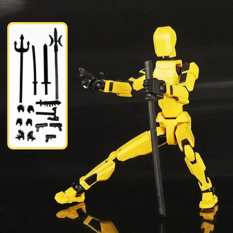 Highly posable 3D printed robot mannequin toy with interchangeable accessories, including wings and weapons