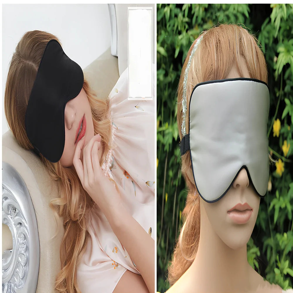 Double-sided mulberry silk eye mask in navy blue, 20.5x10.5cm size with adjustable elastic band, 30g weight