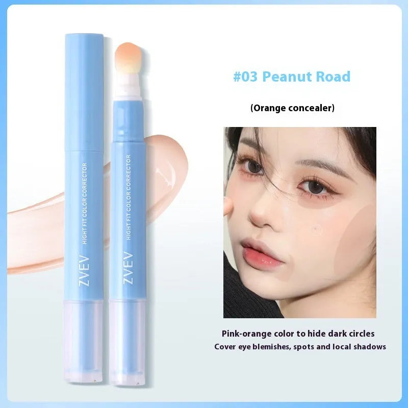 Concealer pen with sponge brush head applicator showing three shade options: brightening, pink flesh, and flesh colour