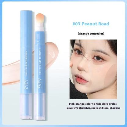 Concealer pen with sponge brush head applicator showing three shade options: brightening, pink flesh, and flesh colour