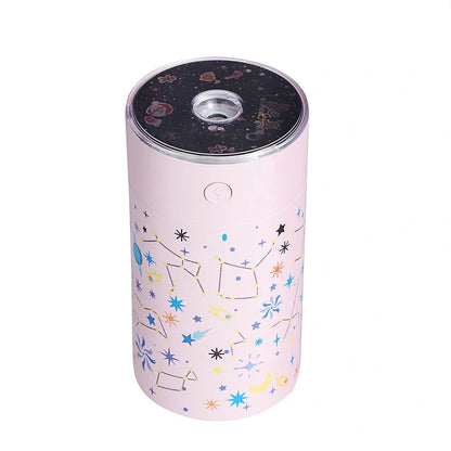 Round plastic star projector humidifier with water tank and USB cable, 67x67x125mm dimensions