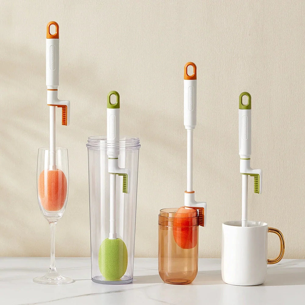 Long handle cup brush with 30cm reach for cleaning narrow bottles in orange and army green colours