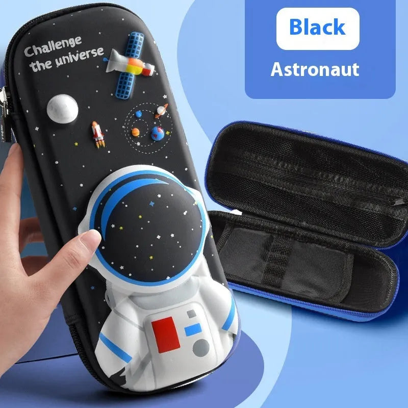 Leather 3D pencil case showing design themes: dinosaur, astronaut, mermaid, unicorn, and spaceship.