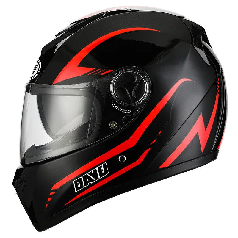 Motorcycle electric bicycle helmet safety helmet with double lens and engineering plastic construction in L, M, XL sizes, suitable for commuting and power car use in four seasons with black and red pattern colour option