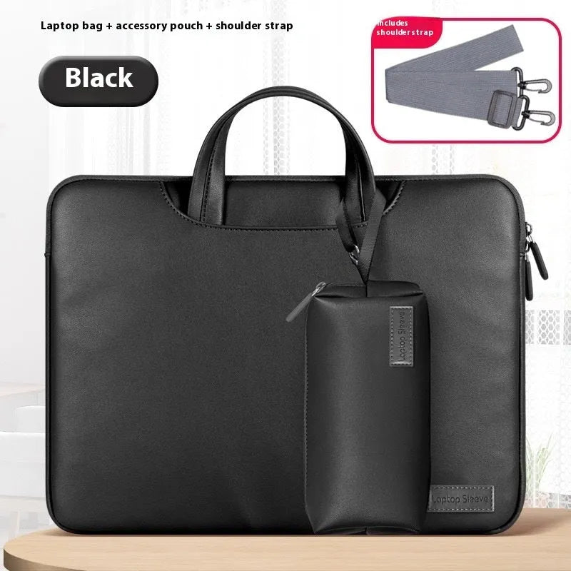 Black leather laptop bag with integrated power bank for 13-16 inch notebooks showing dimensions