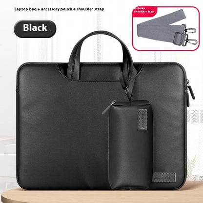 Black leather laptop bag with integrated power bank for 13-16 inch notebooks showing dimensions