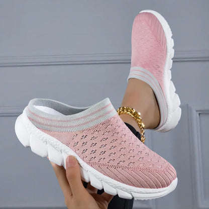 Women's black Flyknit semi-slipper shoes with striped pattern and hollowed-out design on viscose sole