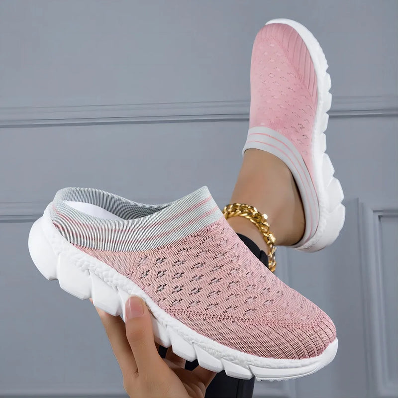 Women's Flyknit semi-slipper casual shoes lightweight breathable sports footwear with hollowed-out design and viscose sole available in black pink purple with height increasing function sizes 35 to 42
