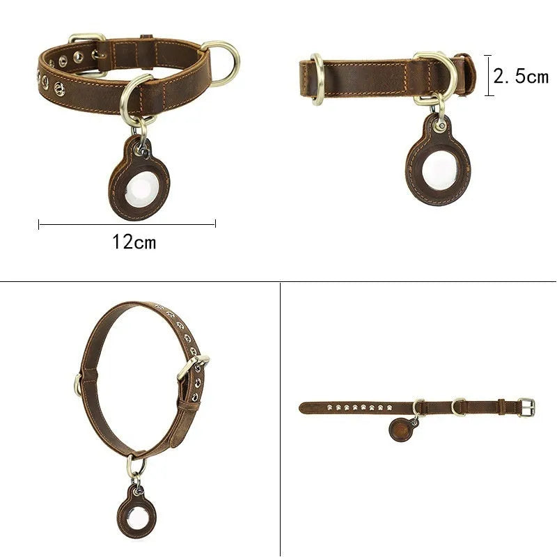 Brown genuine leather dog collar with retro styling and halter positioning system