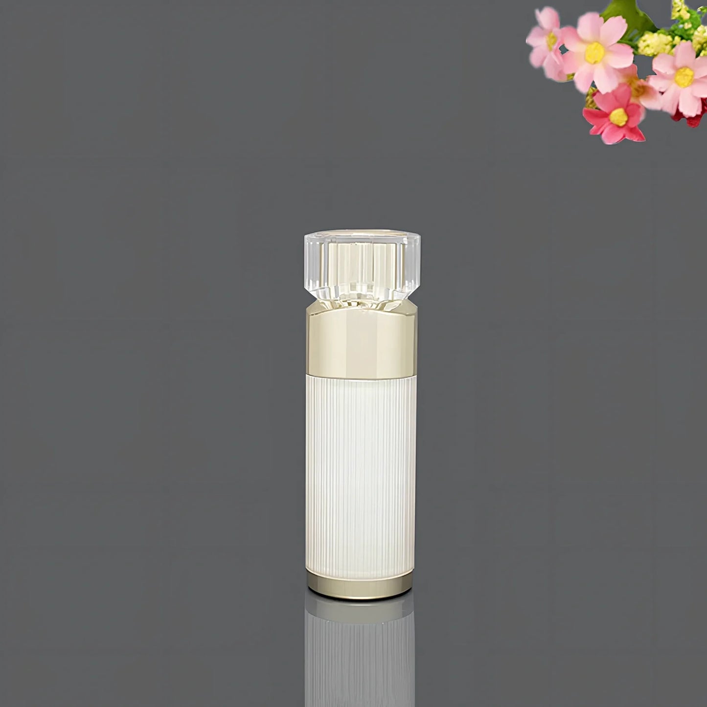 Acrylic cosmetics bottles in champagne gold and brushed white with vacuum sealing, various sizes from 5g to 120ml