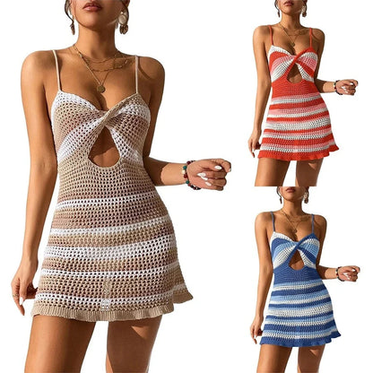 Women's knitted spaghetti strap mini dress with twisted crochet cutout for summer