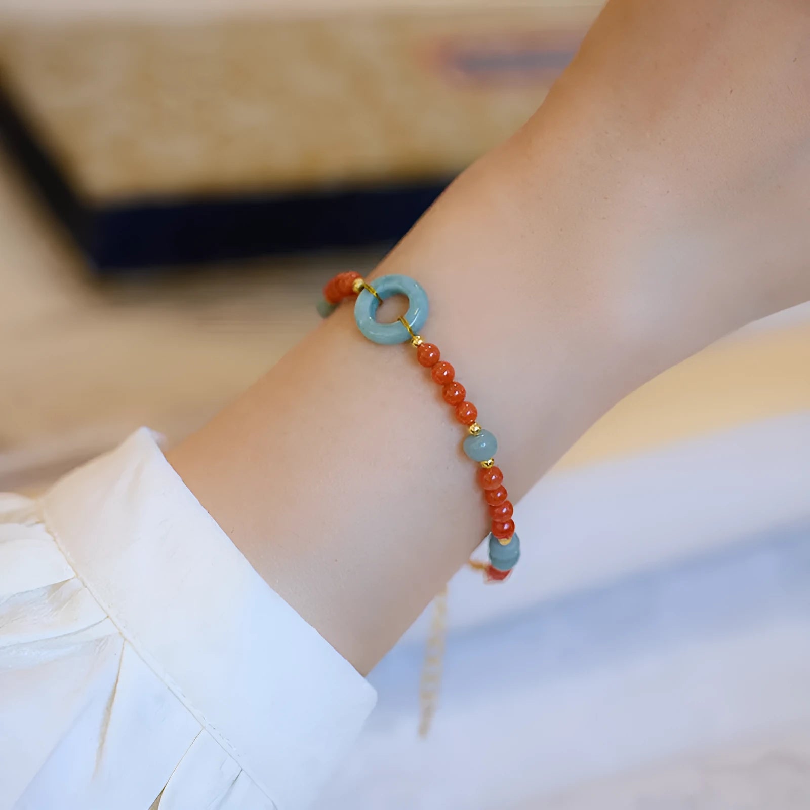 Natural South Red agate bracelet with adjustable buckle and auspicious patterns.